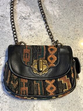 Icing Black Leather & Rust Patterned Tapestry Crossbody Chunky Brass Hardware